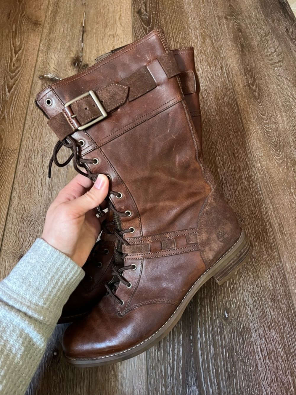 Timberland Brown Lace-Up Leather Combat Boots with Buckle Strap